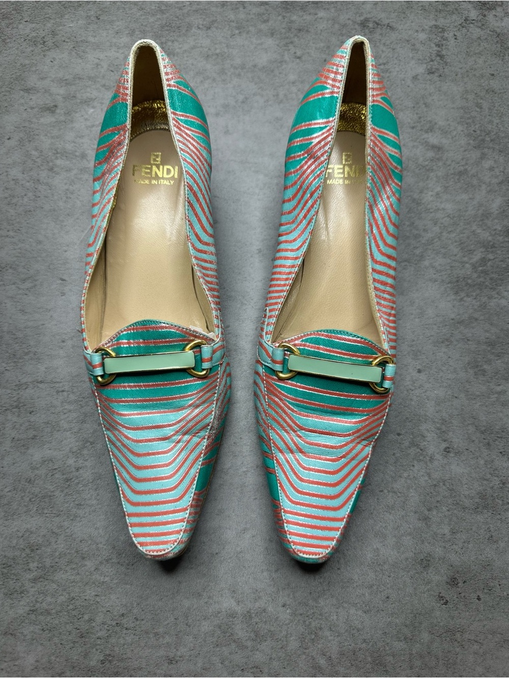 Fendi Vintage Horsebit Leather Block Heel Pumps Loafers Italy Size 38